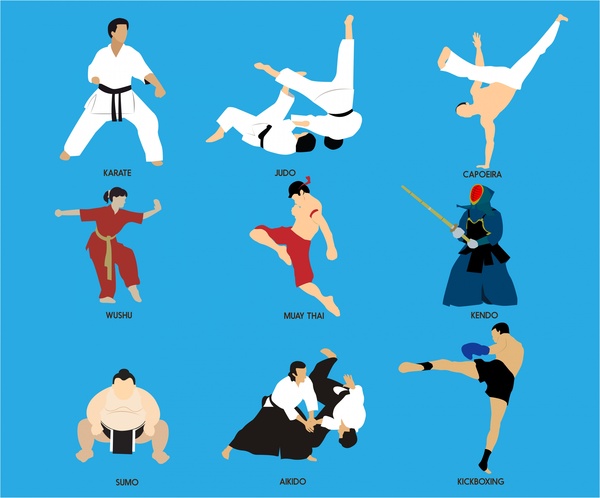 illustrazione di vettore di arti marziali con vari soggetti
