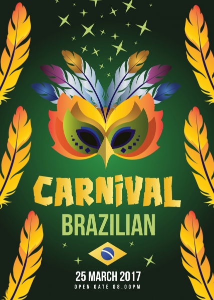 topeng Karnaval poster kuning bulu hiasan Brasil bendera