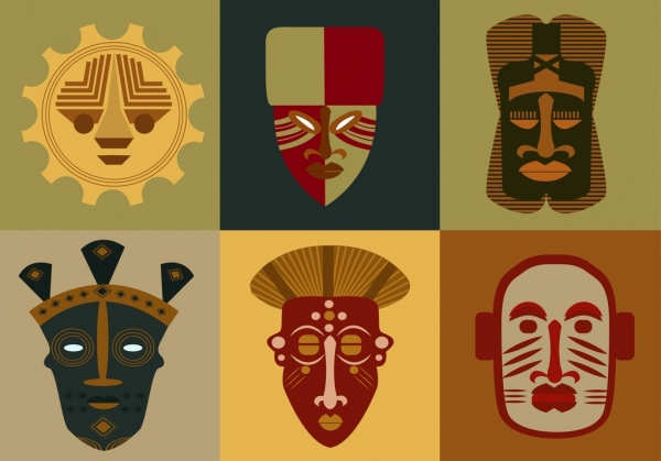 Colección planas Mascaras tribales iconos de aislamiento