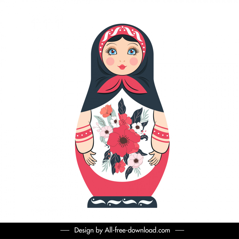 Matrioska Ikon Boneka Rusia Dekorasi Bunga Sketsa Datar Lucu