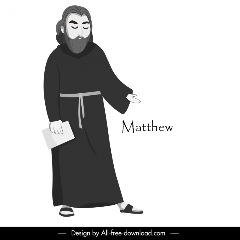 Mateus apóstolo ícone cristão preto branco retro desenho animado esboço do personagem