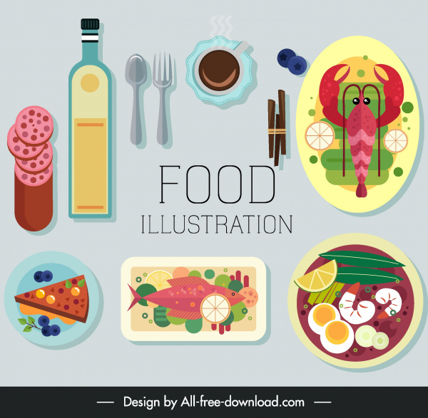 elementos de diseño de comida colorido boceto clásico plano