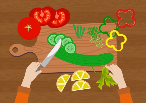 Makanan persiapan latar belakang sayuran cutting pisau ikon