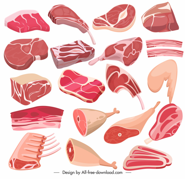 iconos de la comida de carne coloreado boceto en 3D