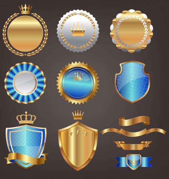 elementos de design de medalha estilo real várias formas brilhantes