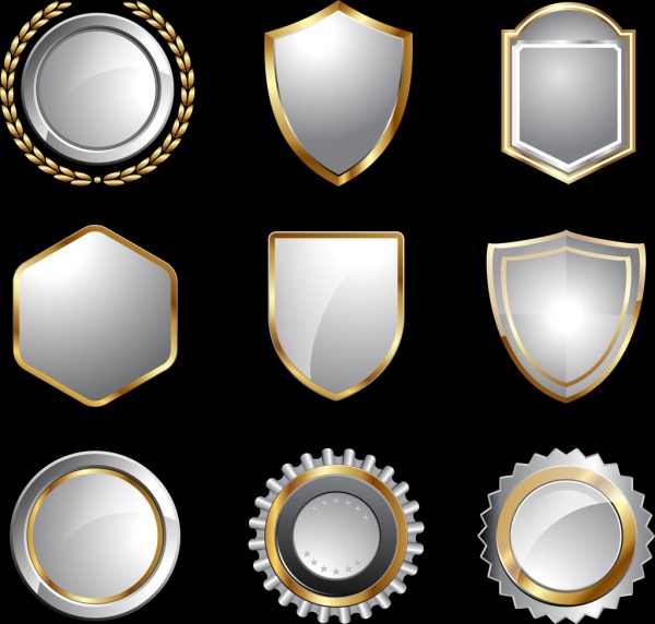 獎章收集各種形狀的亮銀色的設計範本