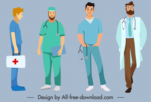 iconos de ocupación médico hombres sketch personajes de dibujos animados de colores