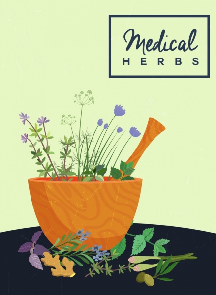 ervas medicinais propaganda pilão de madeira decoração de flores coloridas