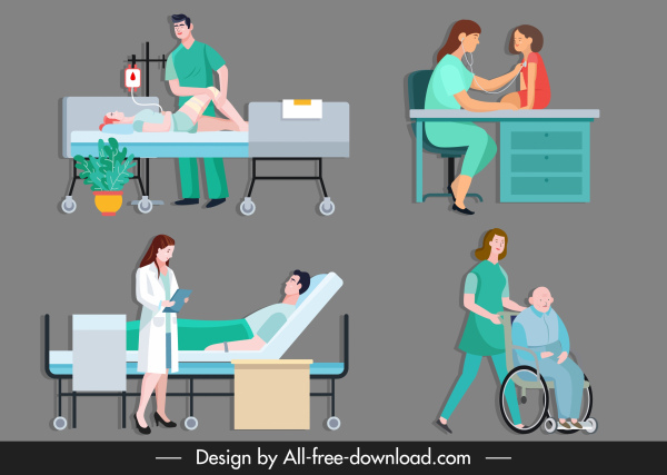 medizinische Arbeit Symbole Arzt Patient Skizze Zeichentrickfiguren