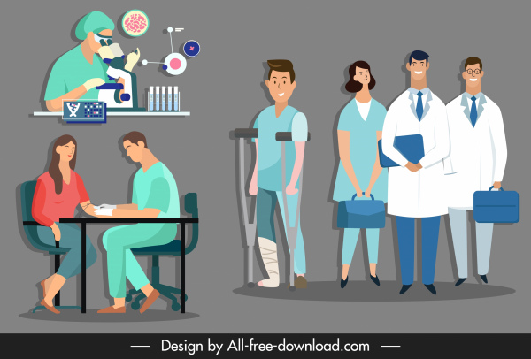 iconos de trabajo médico médicos pacientes bosquejar personajes de dibujos animados