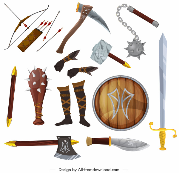 mittelalterliche Waffen Symbole farbig modernes design