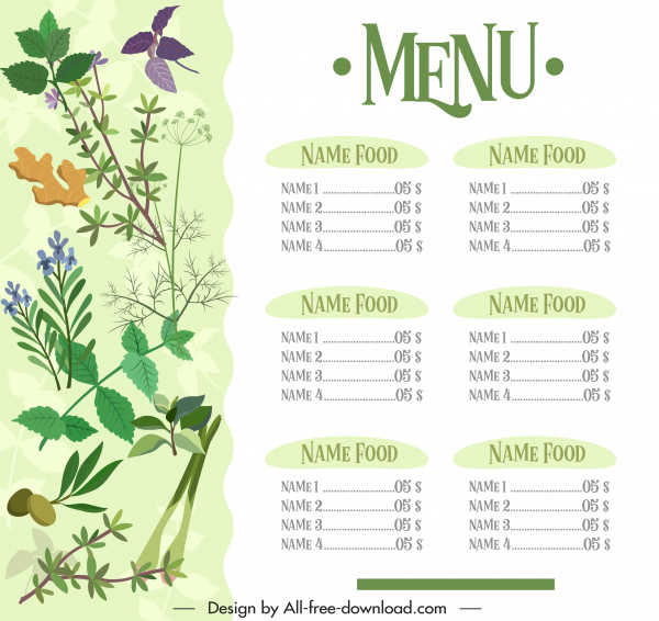 modelo de menu decoração ingredientes de ervas coloridas brilhantes