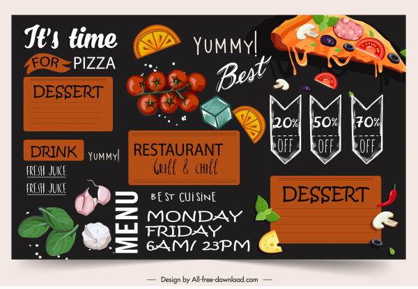 menu modelo ingredientes de comida esboço elegante escuro colorido