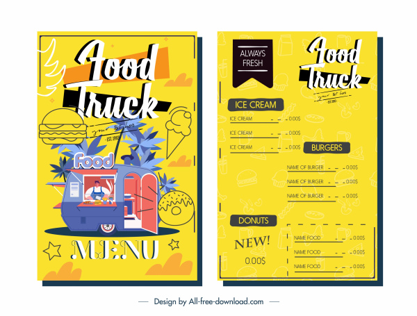 menu modelo alimentos caminhão esboço design colorido