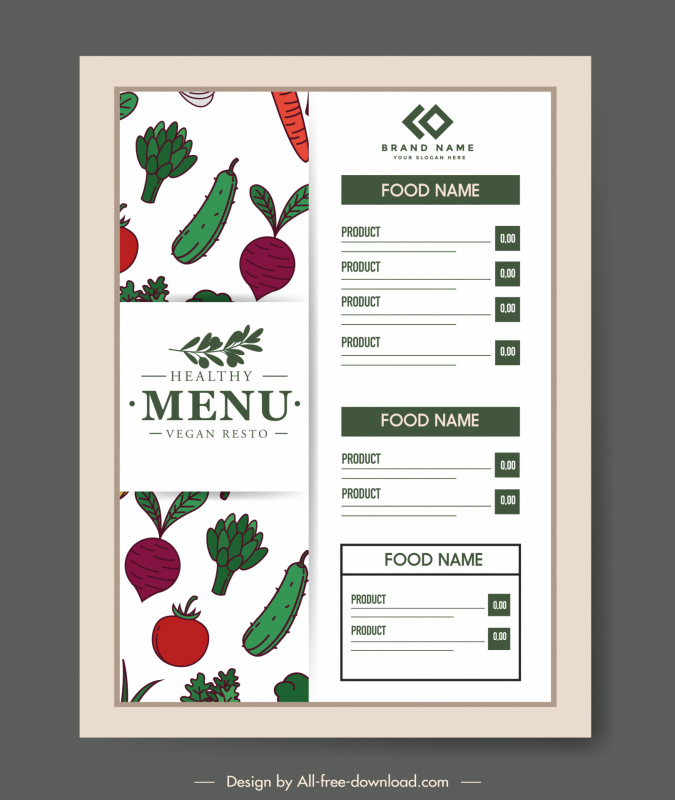 menu modelo restaurante vegetariano clássico desenhado à mão repetindo esboço de legumes