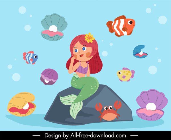 人魚の背景カラフルな漫画のスケッチ海洋種の装飾
