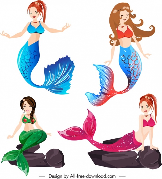 icônes de sirène belles jeunes filles croquis dessin animé design