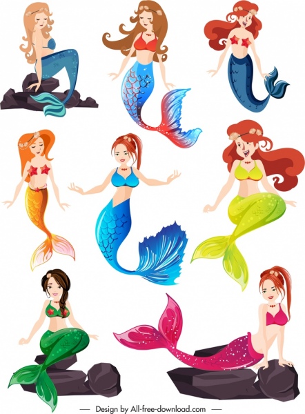 Mermaid Icons Collection Cute Young Girls Skizze
