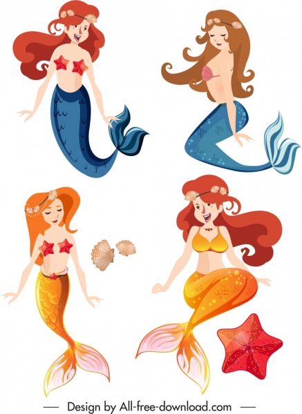 ícones de sereia coloridos desenhos animados personagens esboço