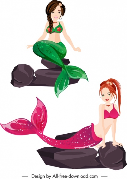 Deniz Kızı Simgeleri Renkli Genç Kızlar Karikatür Kroki