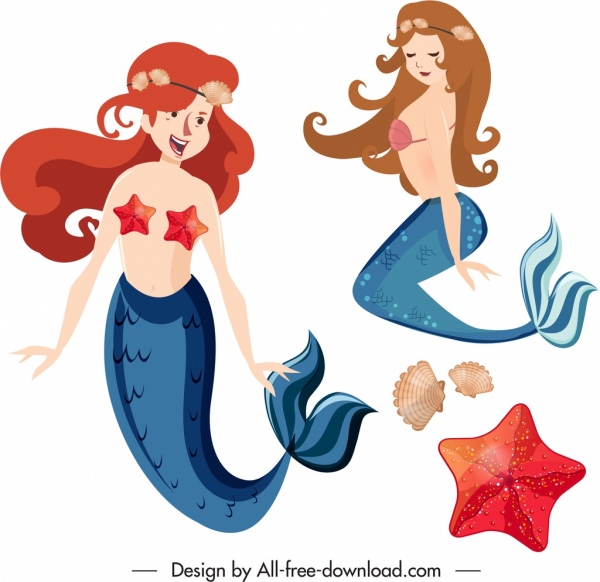 icônes de sirène filles mignonnes colorées personnages de dessins animés croquis