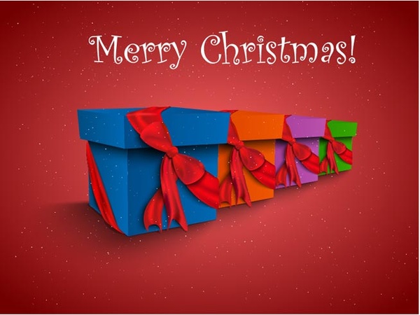 Selamat Natal gift box tumpukan pada latar belakang bintang merah kartu vektor