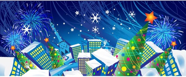 Merry Christmas Snowflake And Firework Banner With Gift Boxes Vector