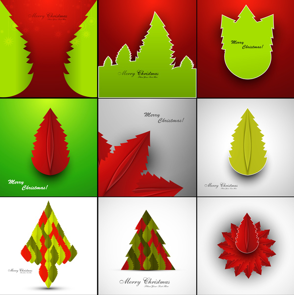 pohon Natal Merry koleksi perayaan presentasi kartu berwarna-warni desain vektor