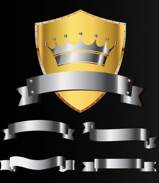Iconos metálicos elementos de diseño escudo corona Ribbon emblemas