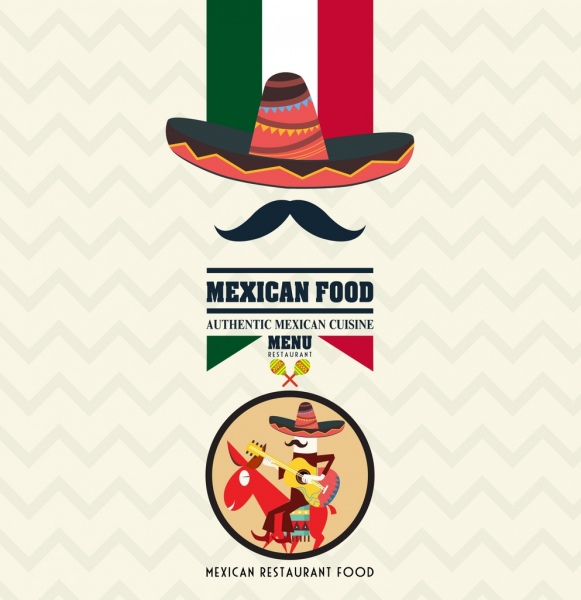الطعام المكسيكي العلم الإعلان التقليدي للرجل سومبريرو الايقونات