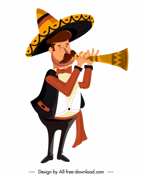 Corne mexicaine d'icône d'homme jouant le caractère de dessin animé d'esquisse