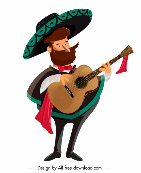 멕시코 남자 아이콘 전통 의상 스케치 만화 캐릭터