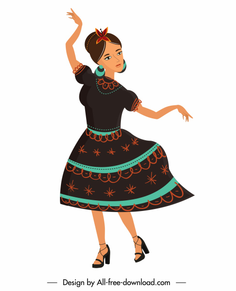 Meksiko wanita ikon kostum tradisional menari sketsa kartun