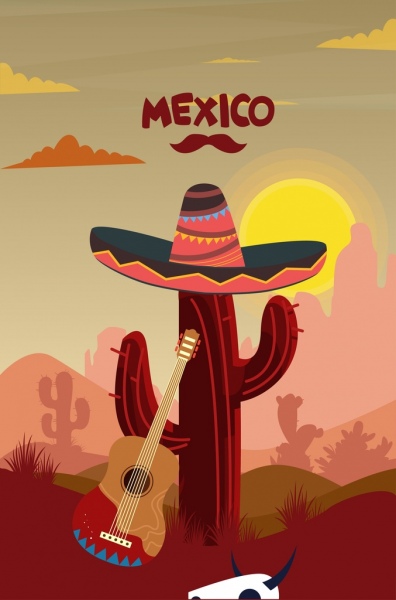 Mexico. Quảng cáo của cảnh quan cây xương rồng biểu tượng mặt trời lặn guitar mũ