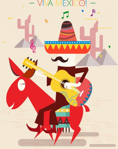 墨西哥背景的吉他手驢圖標豐富多彩的設計
