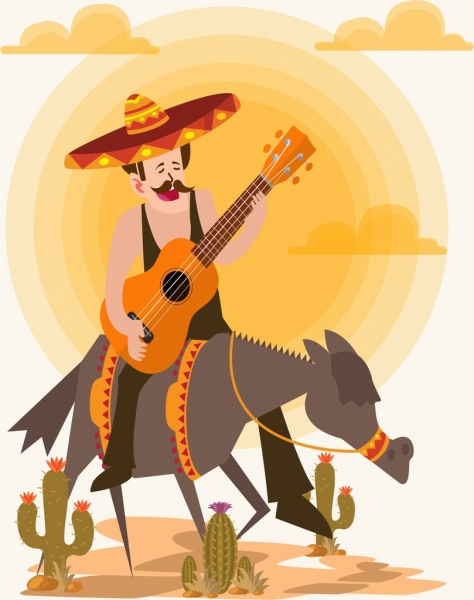 Mexico background macho guitarrista burro iconos de dibujos animados de colores