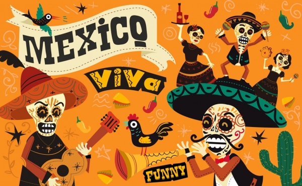 墨西哥背景的传统服装，可怕的面具，各种符号