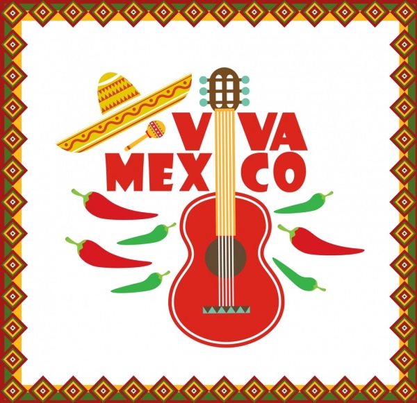 墨西哥旗古典吉他辣椒圖標的扁平化設計