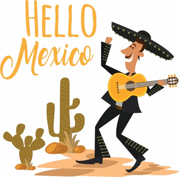 Mexico Bandera macho guitarrista cactus iconos diseño caligráfico