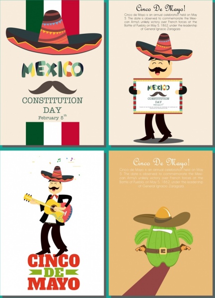 Meksiko banner set sombrero kaktus penyanyi laki-laki ikon
