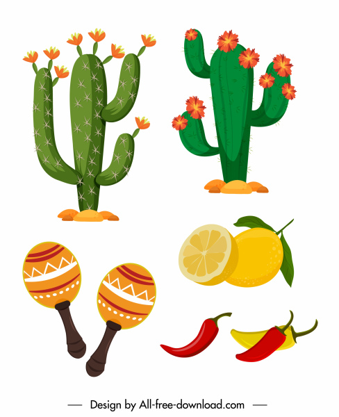 Skizzieren Sie Mexiko Design Elemente Kakteen Lebensmittelzutaten