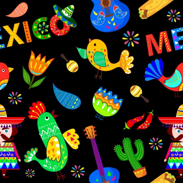 เม็กซิโกออกแบบองค์ประกอบหลากสีเข้มออกแบบไอคอนต่าง ๆ