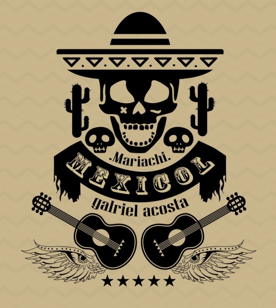 墨西哥的設計元素，骷髏吉他圖標的黑色設計