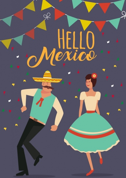 멕시코 축제 배너 전통적인 댄서 아이콘 복고풍 디자인