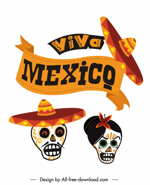 メキシコお祝いデザイン要素マスク ソンブレロ リボン スケッチ