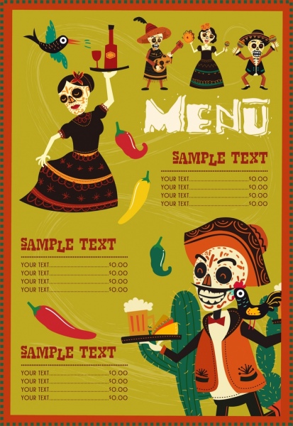 멕시코 메뉴 템플릿 전통 의상 무서운 마스크 장식