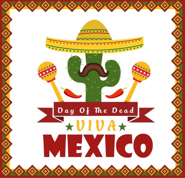 Meksiko poster kaktus sombrero kumis cabai ikon dekorasi
