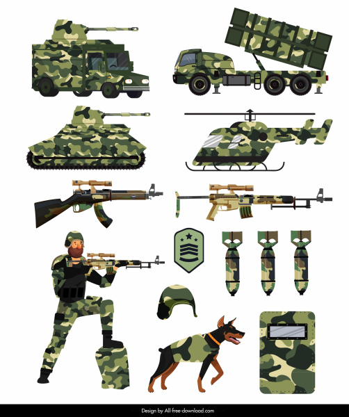 éléments de conception militaire armes soldats croquis