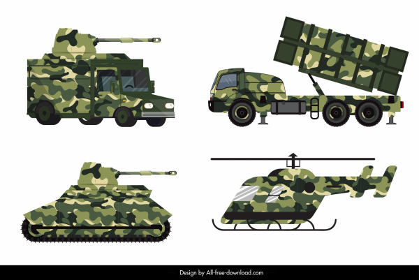militar veículo equipamentos ícones modernos design colorido