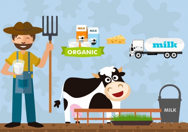 leite publicidade banner agricultura elementos esboço dos desenhos animados